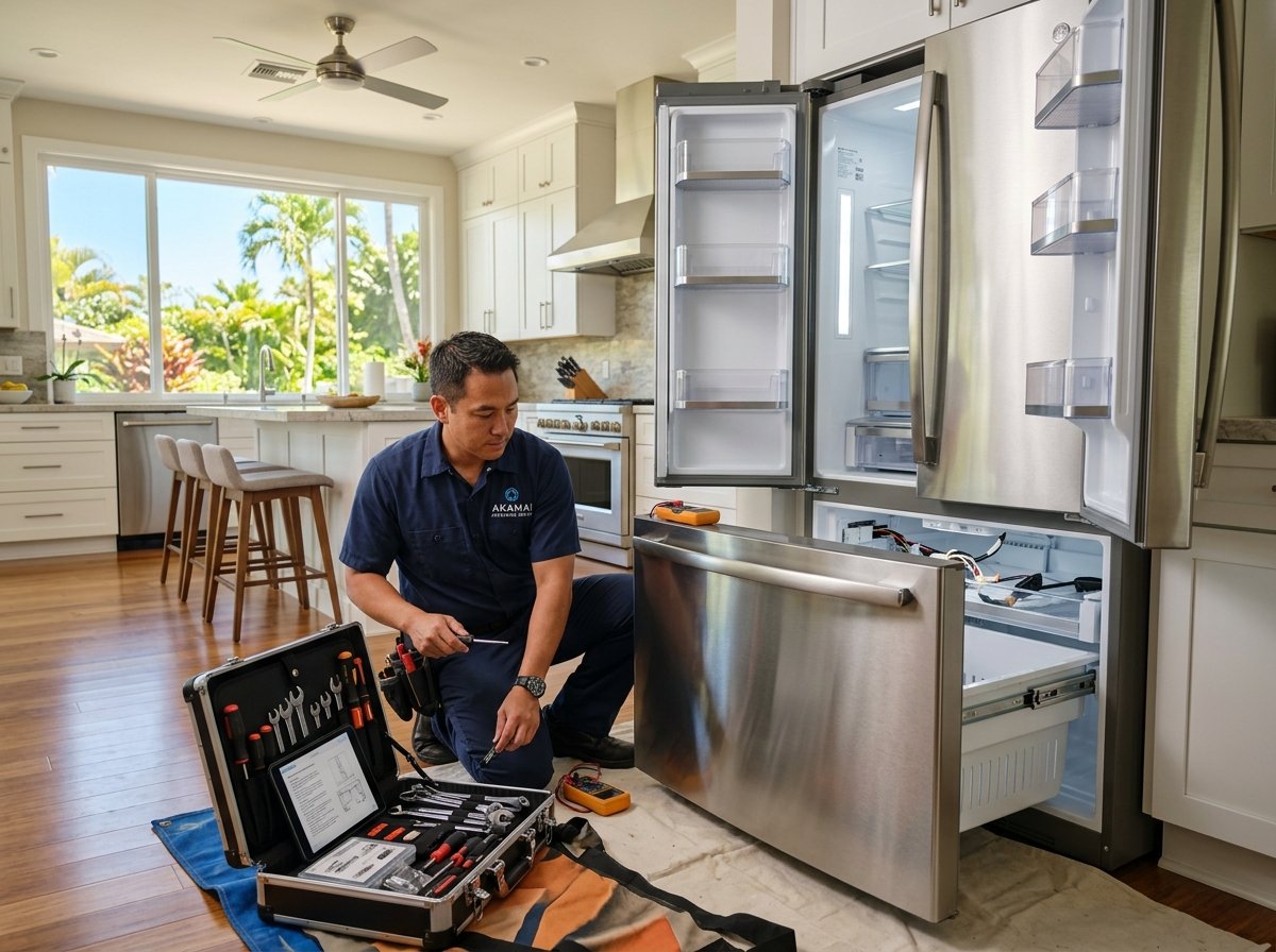 Certified technician diagnosing a refrigerator inside a Honolulu residence